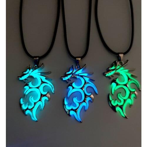 Vintage Punk Luminous Glowing In The Dark Moonstone Dragon Pendant Necklace Charm Mens Boys Beach Party Jewelry Gift
