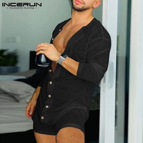 Men Pajamas Rompers Solid Color Homewear Long Sleeve Button Jumpsuits Cozy Breathable Men Thin Playsuit Nightwear INCERUN S-5XL