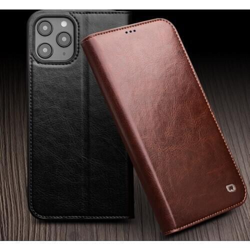 Qialino Real Leather Flip Cover For Iphone 12 11 Pro xs Max xr Business Card Slots Wallet Pocket Kickstand Shell Protection Case