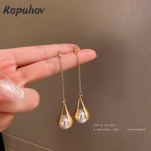 ROPUHOV 2021 Jewery Trendy Korean 925 Silver Pin Metal Long Tassel Earrings French Elegant Pearl Earring