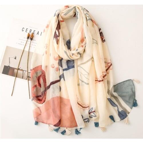 Spring Long Thin Scarves For Women Ink Painting Shawls and Wraps Floral Printed Summer Headscarf