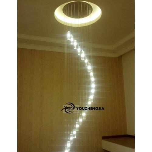 Modern Chinese simple villa crystal block long line LED chandelier S - type rotating double staircase living room lighting led