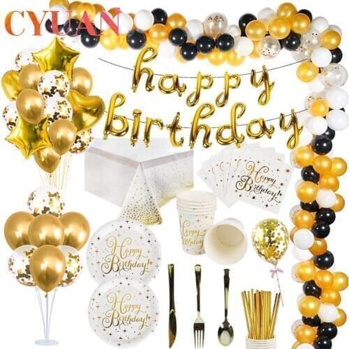 CYUAN Happy Birthday Decoration Gold Party Disposable Tableware Arch Ballon Adult Birthday Decoration Kids 1 Year Party Supplies
