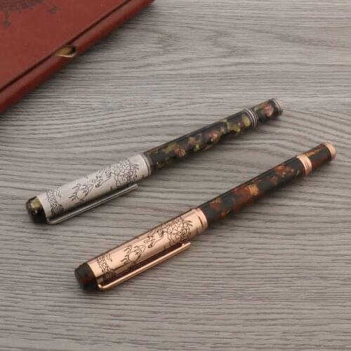 High Quality Celluloid Nitrate Fountain Pen Copper Antique Sculpture Dragon 10K Gold Nib Stationery School Supplies Ink Pens New