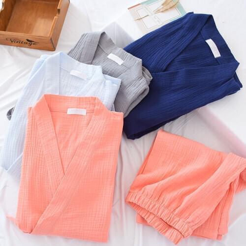 Spring And Autumn Japanese Couple Kimono Pajamas Cotton Washed Crepe Ladies Yukata Home Clothes MenS Plus Size Steamed Clothes