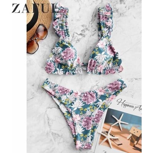 ZAFUL Sexy Women Ruffle Bikini Floral Print Swimsuit Strapless Swimwear String High Cut Bathing Suit Monokini Bikini Set