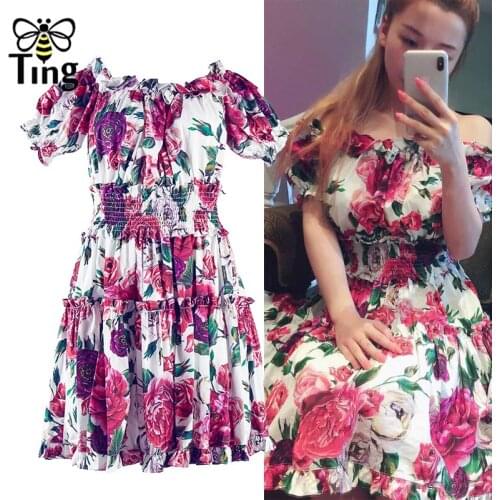 Tingfly Runway Fashion Slash Neckline Rose Floral Mini Party Night Dresses Women Summer Vintage Retro Street Chic Dress Vestidos