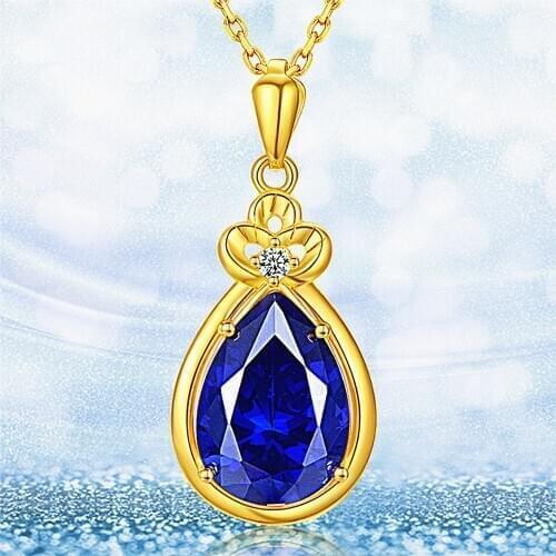 Vintage water drop blue crystal sapphire gemstones diamond pendant necklaces for women 14k gold color choker jewelry bijoux gift