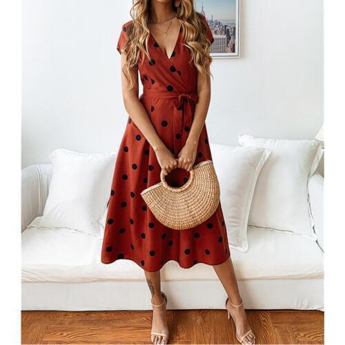 2019 Summer Dress Simple Casual Fashion Trendy Sexy Temperament Print Dot Large Size Loose Short Sleeve V Neck Women Dress ZW217