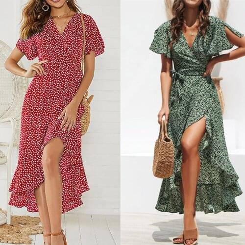 2021 Summer Beach Maxi Dress Women Floral Print Boho Long Chiffon Dress Ruffles Wrap Casual V-Neck Split Sexy Party Dress Robe