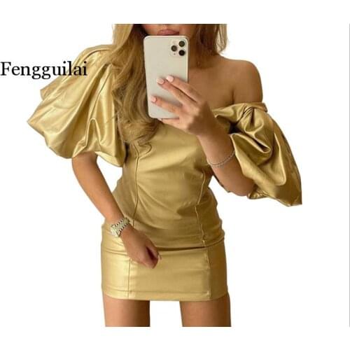 Gold Reflective Lantern Sleeve party Dress Women Club Dresses solid Bodycon Elegant Mini Summer Dress Vestidos 2020