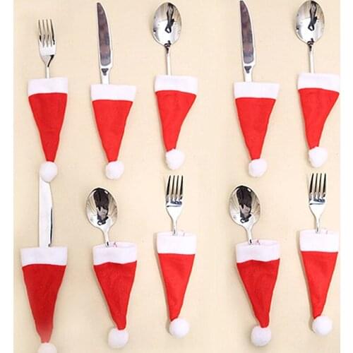 10pcs/lot Christmas Decorations Hats For Fork Knife Cutlery Bag Champagne Glass Cup Home Party Decoration Table Decor Ornament