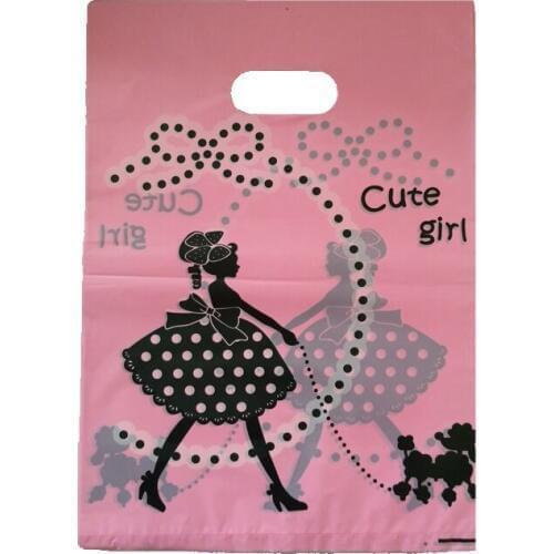 100pcs/lot 25x35cm Girl Print Pink Big Plastic Gift Bag Boutique Cosmetics Packaging Bags Cute Plastic Shopping Bags With Handle