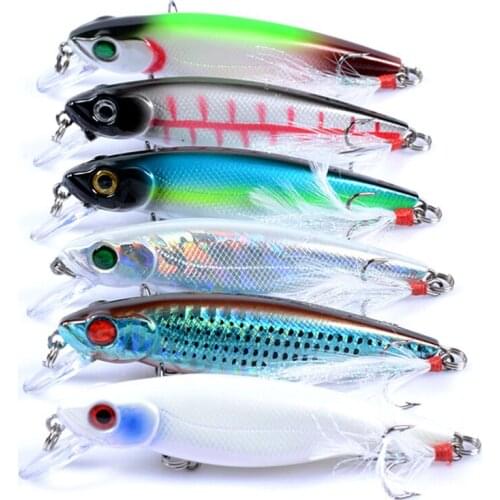 6Pcs Floating Minnow Fishing Lure 8.6cm/9.1g Hard Plastic Artificial Bait with Feather Pesca Jig Wobblers Crankbait Carp Bait