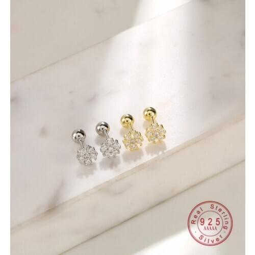 925 Sterling Silver Exquisite Inlaid Crystal Flower Small Ear Bone Nails Stud Earrings Women Classic Vintage Wedding Jewelry