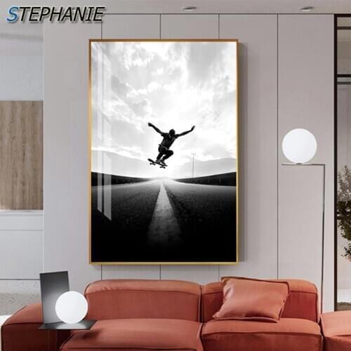 Abstract Minimalist Canvas Painting Skater Boy Poster Print Modern Wall Pictures for Living Room Nordic Black and White Building