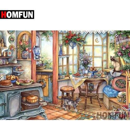 HOMFUN 5D DIY Diamond Painting Full Square/Round Drill "Kitchen view" Embroidery Cross Stitch gift Home Decor Gift A09444