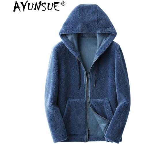 AYUNSUE Real Fur Coat Men Autumn Winter Sheep Shearing 100% Wool Jacket Hooded Plus Size Korean Overcoat KFS19M222-J KJ3795