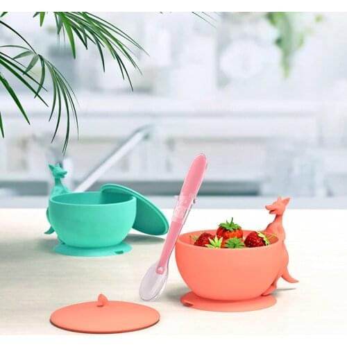 Childrens Kangaroo Bowl Gift Silica Gel Bowl Spoon Baby Infant Food Bowl Silicone Suction Cup Bowl Tableware Waterproof Spoon