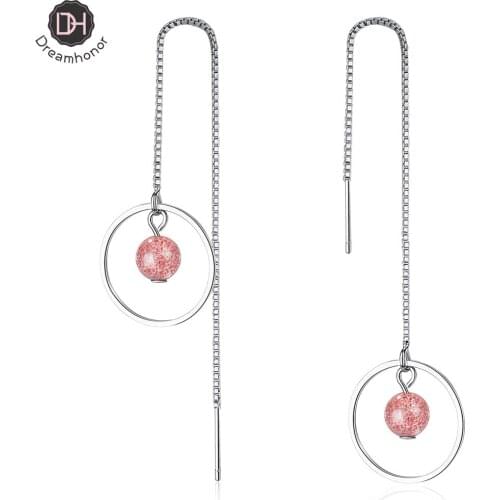 Dreamhonor Korean Temperament Long Chain Ear Line Earrings Strawberry Quartz Dangle Earrings Jewelry Party Girl Gift