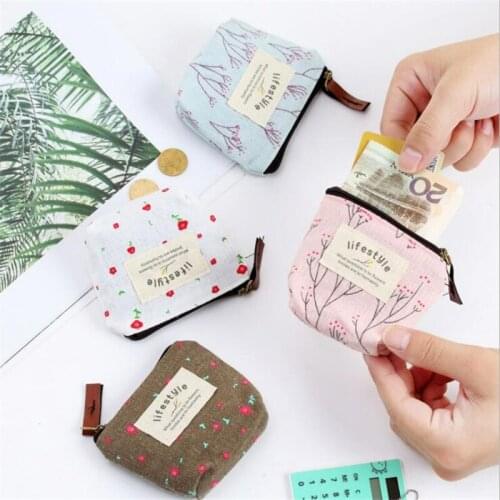 Women Canvas Purse Card Key Mini Floral Pouch Girl Kids Children Cute Small Zipper Coin Purse Card Holder Wallet Bag Case Pouch