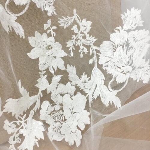 2 Pairs Exquisite Cotton Embroidery Wedding Sequin Lace Applique , Bridal Flower Veil Motif Patch