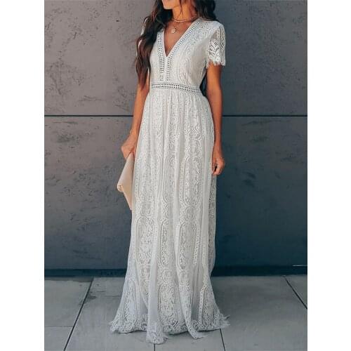Jastie Summer Women Dresses Hollow Out V-Neck Flowers Embroidery High Waist Maxi Dress Bohemian Sexy Prom Beach Dress Robe