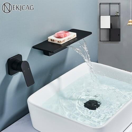 Quality Matte Black Waterfall Sink Faucet Shelf Basin Hot Cold Mixer Taps Wall Mounted Brass Basin Faucet For Bathroom