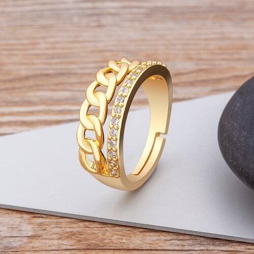 Fashion Copper CZ Romantic Hollow Out Bridal Wedding Rings Gold Color Vintage Chain Adjustable Party Jewelry Gift For Women Girl