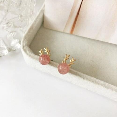 Short Cute Strawberry Crystal Christmas Earrings Sweet Antlers Cartoon Studs Earrings