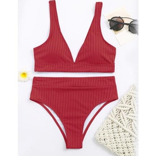 Nice-looking Women Swimwear Fine Workmanship Polyester Breathable Bikini Ribbed Bathing Suit Convenient to Wear for Travel