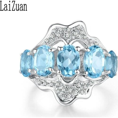 LaiZuan Sterling Silver 925 Oval Cut 3.8ct Genuine Blue Topazs & Natural Diamond Ring Ladys Engagement Wedding Fine Jewelry Ring