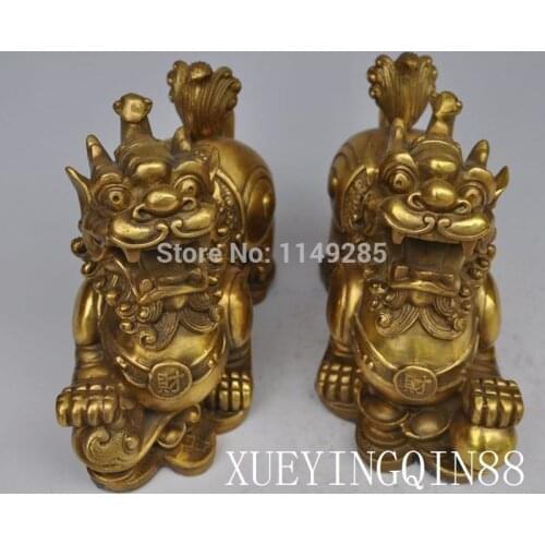 Christmas 8"China Copper Brass Fengshui Yuanbao Foo Dog Lion Kylin Kilin Brave troops Pair halloween