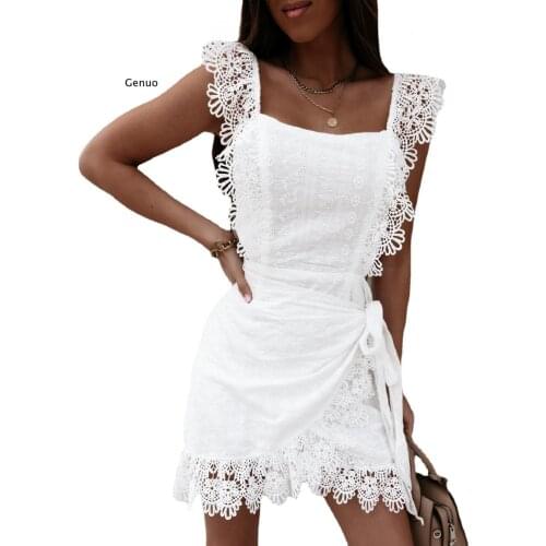 Summer Dress Women Boho Bohemian Hollow Out Crochet Lace Embroidery White Dress Backless Tie Ruffle Mini Beach Dresses Sundress