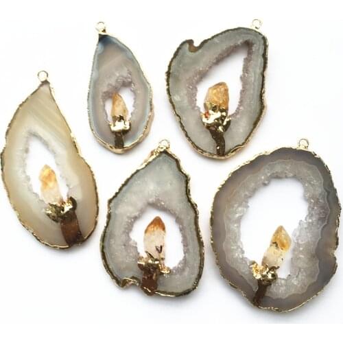 Hot 4PCS Geode Agates Slice Pendants Inlaid Natural Citrines Point Irregular Shape Stone Pendant Elegant Quartzs Jewelry Making