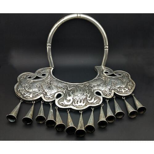 Hot sell new - free shipping Handmade Miao silver ornament engraving dragon Phoenix bullfighting culture big collar necklace