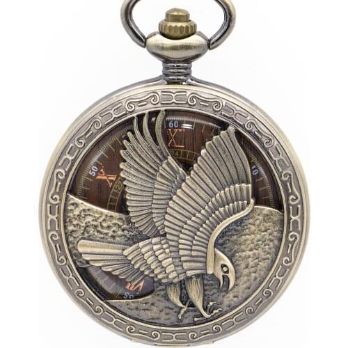 Fashion Bronze Eagle Shape Automatic Mechanical Hand Wind Pocket Watch Wooden Dial with Fob Chain for Men Women PJX1347
