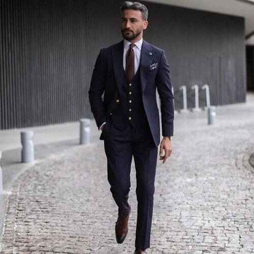 Fashion Navy Blue Men Suits 3 Piece Costume Homme Peak Lapel Groom Wedding Tuxedo Prom Party Slim Fit Men Blazer Terno Masculino