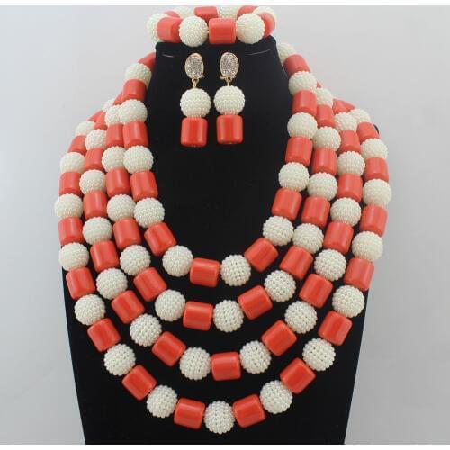 Trendy New Design African Orange Coral Beads Jewelry Set Nigerian White Wedding Jewelry Ball Beads Set Free Shipping W13694