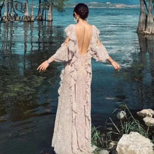 Qian Han Zi high-end custom Sexy Backless Slim Maxi dress Sequin embroidery women Ruffle Mermaid vintage Long party dresses