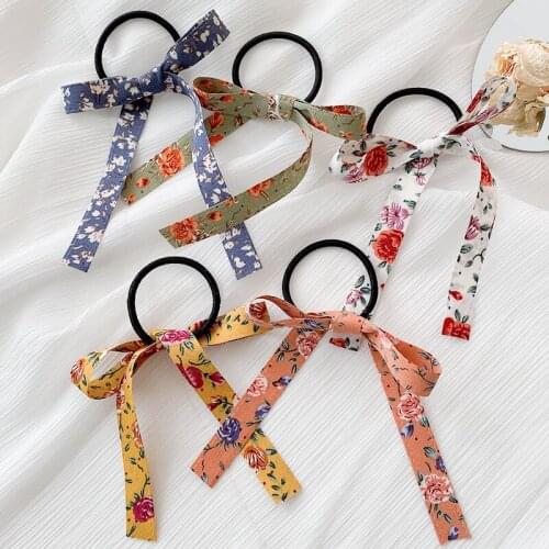 Long Ribbon Elastic Hair Bands Headdress Sweet Fruits Flower Print Hair Accessories Elastic Long Bow Hair Rubber Bands Wholesale