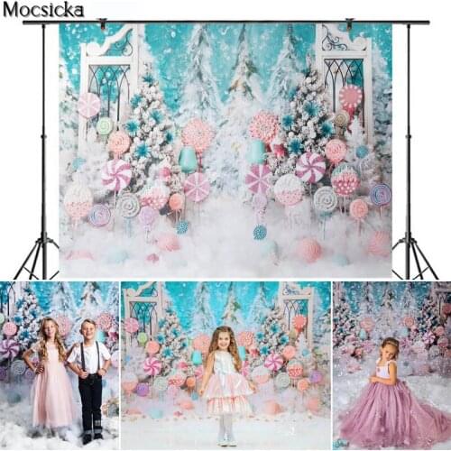 Christmas Candy Photography Backdrop Cake Smash Child Birthday Pine Snowfield Decor Props Photo Studio Background Christmas Tree