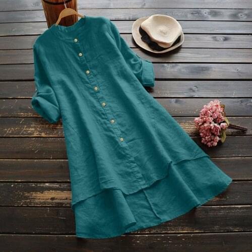 Spring Women Casual Loose Linen Soild Button Solid color Long Sleeve Long Shirt Blouse Tops Plus Size