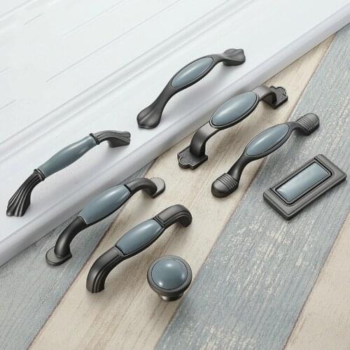 Mediterranean European blue ceramic cabinet Knobs And Pulls gray wardrobe furniture handles cabinet hardware