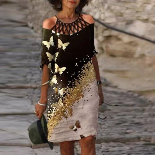 Vintage Loose Dresses Women Harajuku Butterfly Printed Sexy Hollow Out Halter Mini Dresses Half Sleeve Straight Dress Vestido