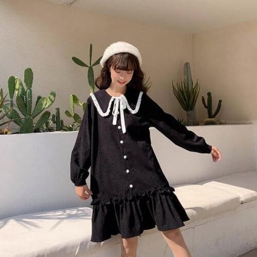 Japanese College Style Sweet Peter Pan Collar Vintage Kawaii Loose Straight Doll Bow Cute Petal Full Sleeve Dress Harajuku Dress