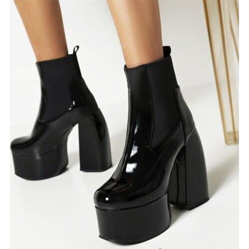 Customized Big Size 46 Womens Boots Microfiber Patent Leather Booty Retro Thick Sole High Chunky Heel Ankle Boots