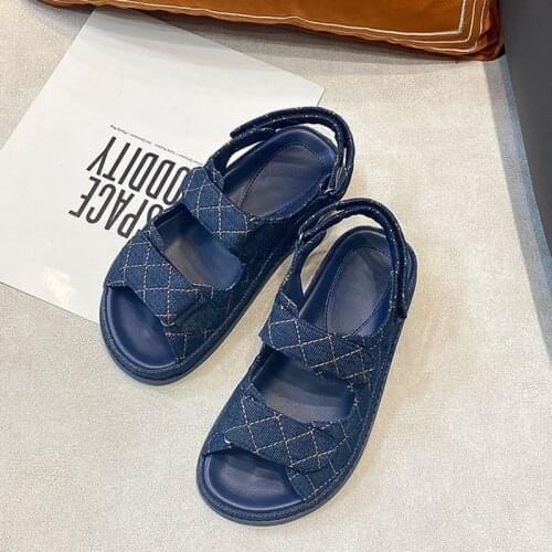 Denim blue hook&loop college student shoes woman sew lattices flats vrouwen sandalen girls cut-out roman sneakers women sandals