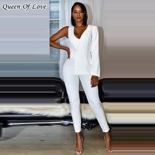 2021 New Arrival Office Lady White jumpsuit women elegance One Off Shoulder Blazet Jumpsuits Street Wear Rompers Overalls