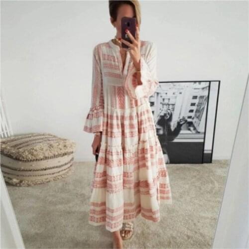Women Fashion Geometric Print Dress Flare Sleeve V-neck Dress for Beach Vacation Ladies Casual Loose Ruffles Flared A-Line Dress